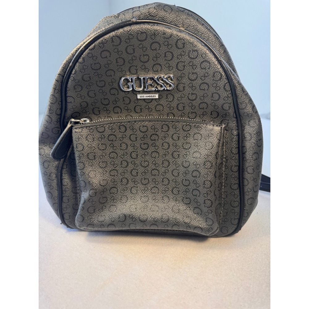 GUESS Women's Black Monogram Logo Backpack Faux Leather Zip Pocket